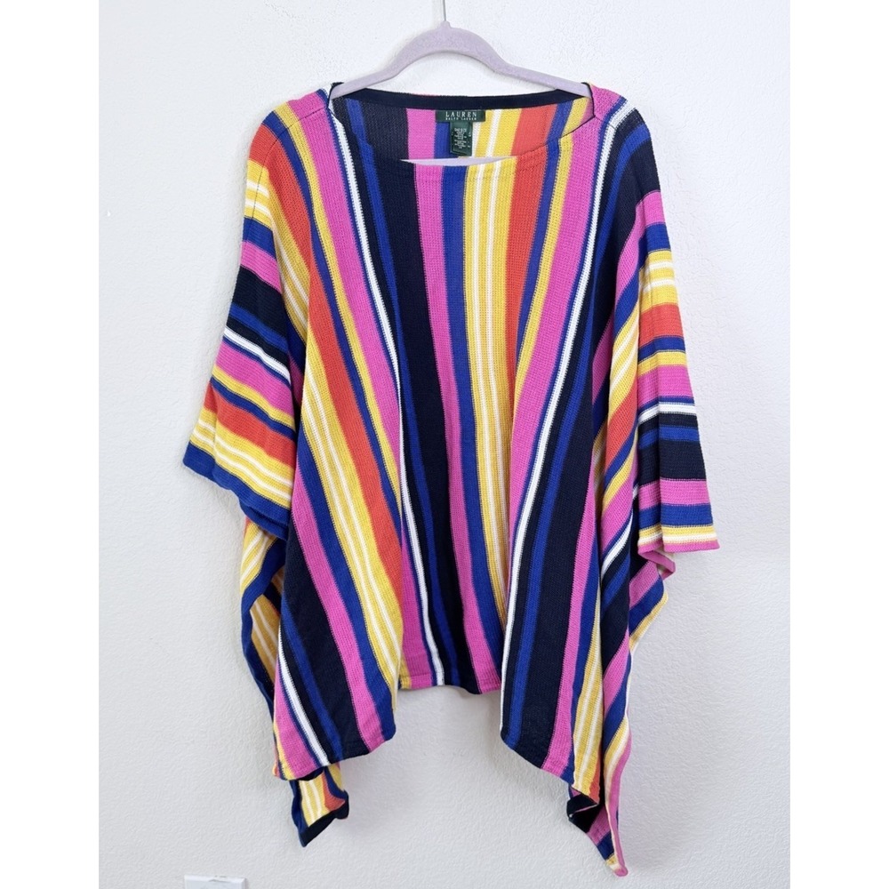 Lauren Ralph Lauren Striped Poncho Top One Size Cotton Linen Colorblock Boho